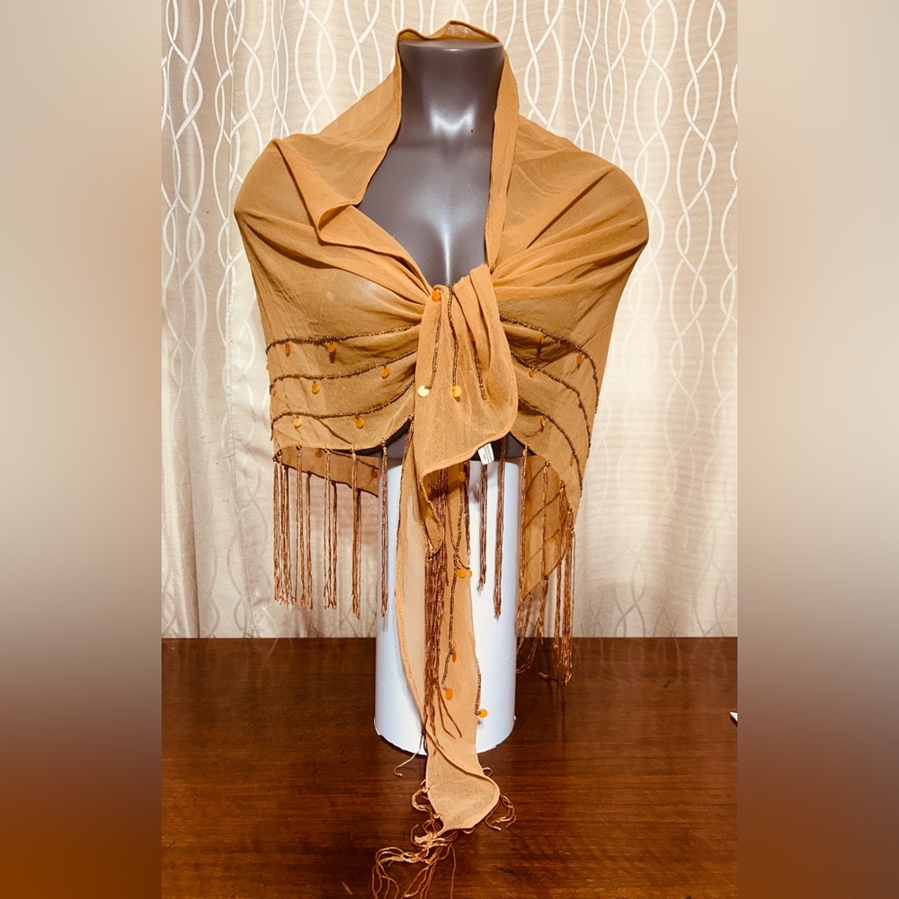 Elegant Turmeric Sheer Shawl with Fringe and Sequins Sheer bathing suit cover up